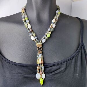 Vintage Beaded Y-Necklace | Blue & Green Glass Beads Lariat Style 16–18”